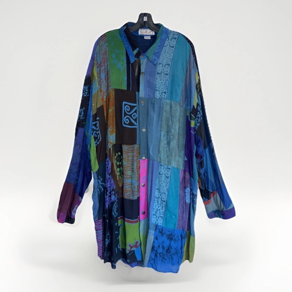 B.O.P Abstract Patchwork Boho Sun Moon Button Down Tunic Shirt Dress 3X Vintage
